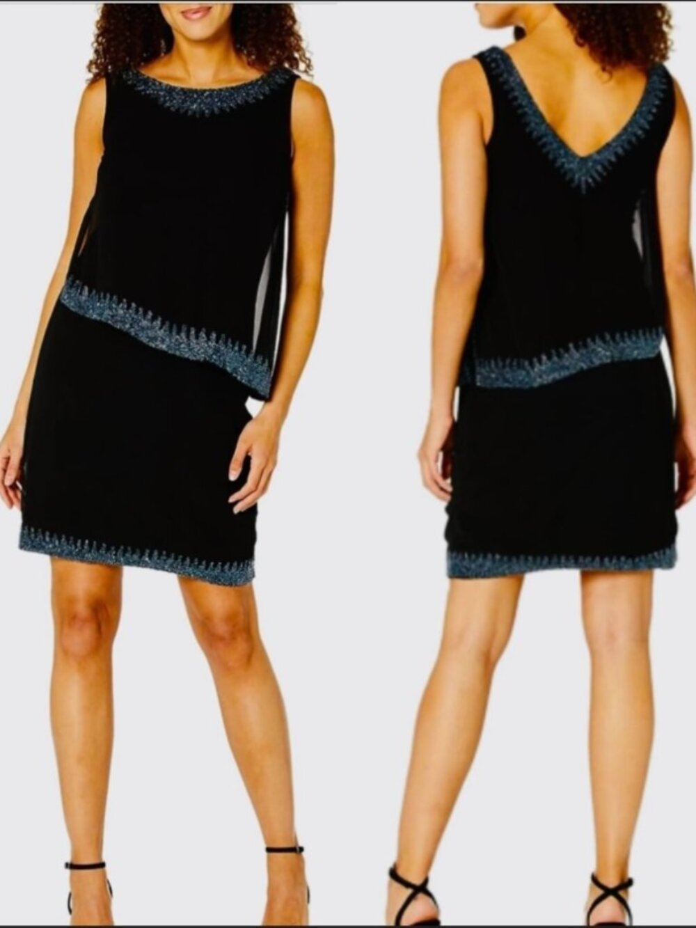 J Kara Beaded Petite Cocktail Dress 6P Navy Popover Wedding Guest Formal NWT